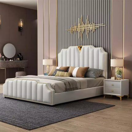 Luxury bed made of fiber leather, stainless and solid wood with Storage