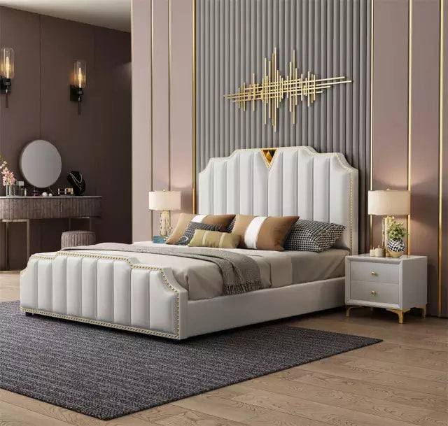 Luxusbett aus Kunstleder, Edelstahl und Massivholz mit Stauraum