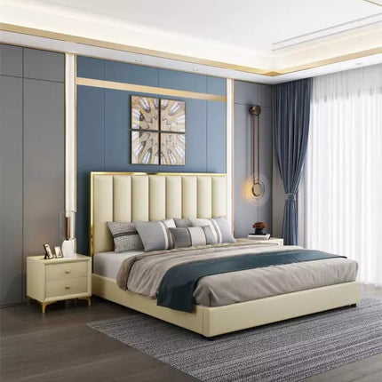 Luxury bed made of fiber leather, stainless and solid wood with Storage