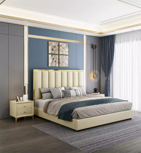 Luxury bed made of fiber leather, stainless and solid wood with Storage
