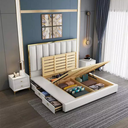 Luxury bed made of fiber leather, stainless and solid wood with Storage