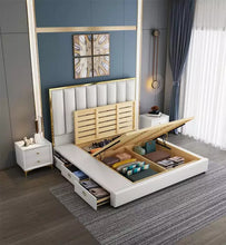 Load image into Gallery viewer, Luxury bed made of fiber leather, stainless and solid wood with Storage
