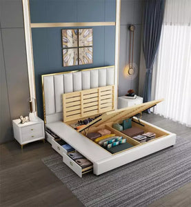 Luxury bed made of fiber leather, stainless and solid wood with Storage