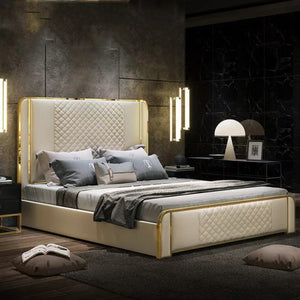 Luxury Bed Made of Fiber leather, stainless and Solid Wood