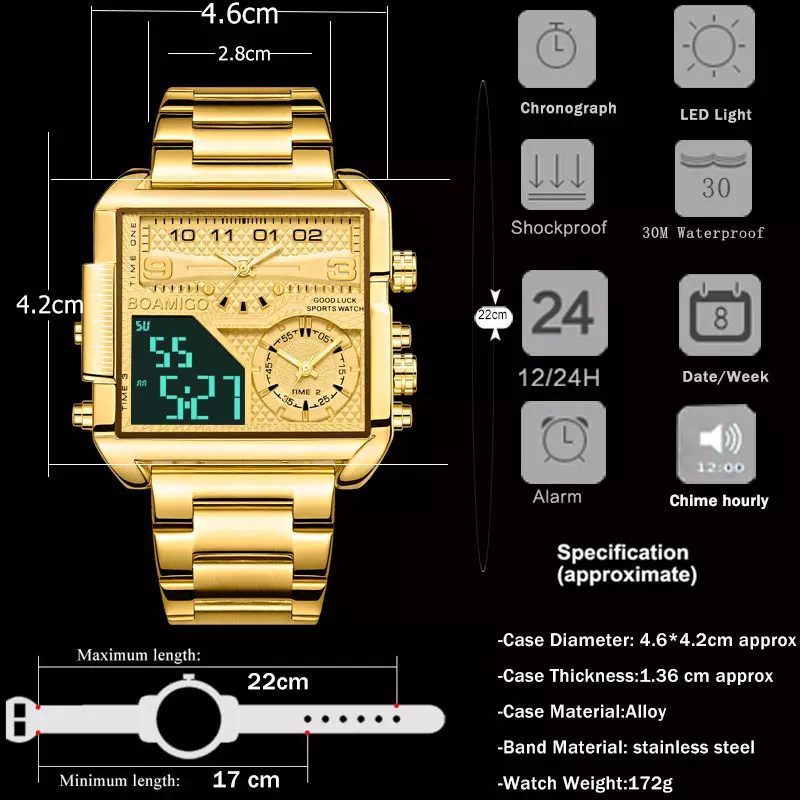 Men Digital Watch Waterproof Gold Stainless Steel Men Luxury Automatic Accessories Multifunctional Chronograph Dial Gift Ideas