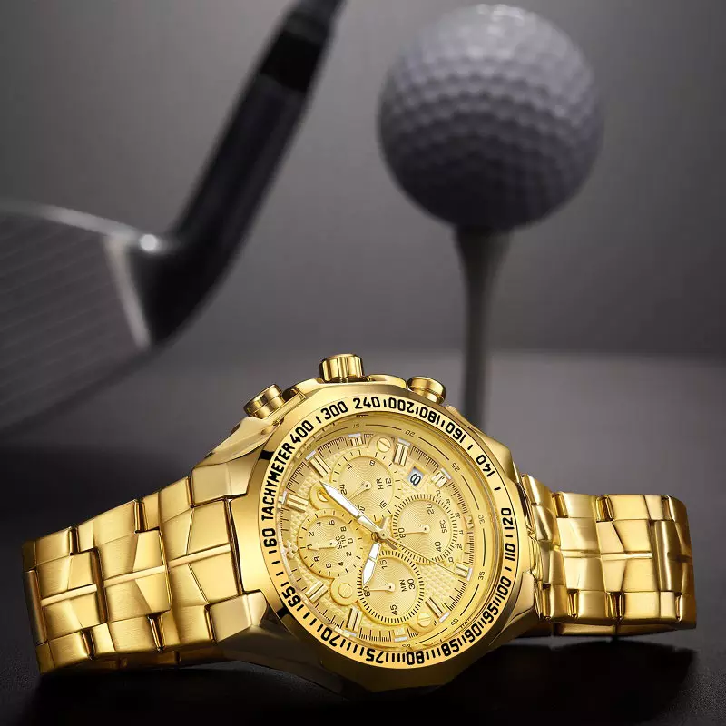 Men Digital Watch Waterproof Gold Stainless Steel Men Luxury Automatic Accessories Multifunctional Chronograph Dial Gift Ideas
