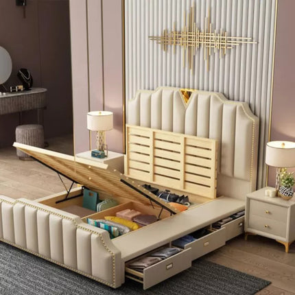 Luxury bed made of fiber leather, stainless and solid wood with Storage