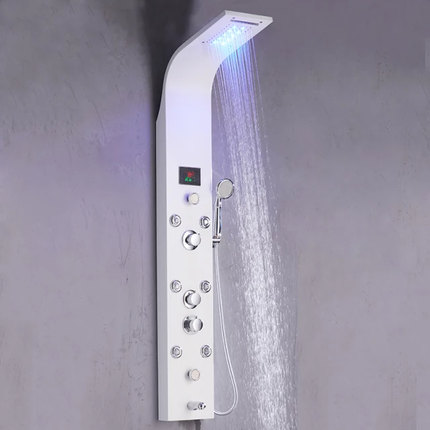 Silver Brushed Nickel Shower Panel Column Towers 304 Stainless Steel Waterfall Spa Jets Smart Shower Wall Panel Bathroom Accessories