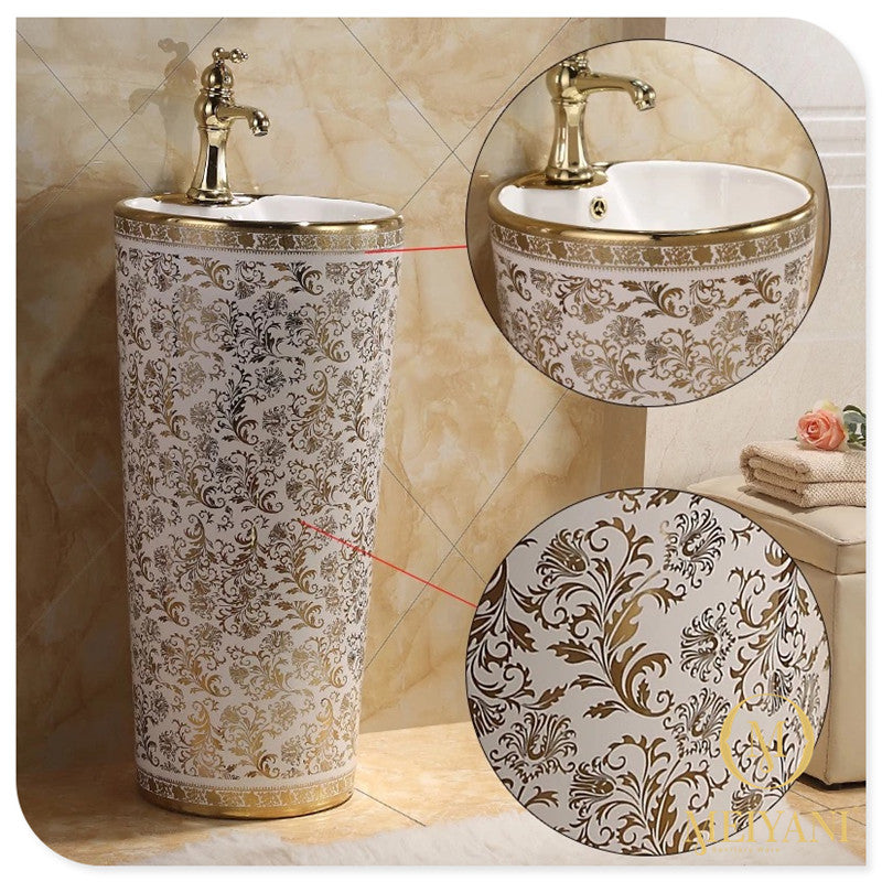 Pedestal Stand alone Hand Wash Basin Gold Design Bathroom accessories
