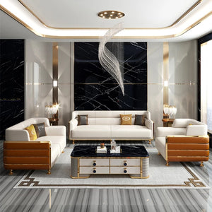 Luxury Stainless Gold Top Grain Leather Sofa Set