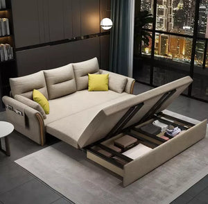 Foldable Sofa Bed Made of Linen and Solid Wood can bear 400kg with hidden storage