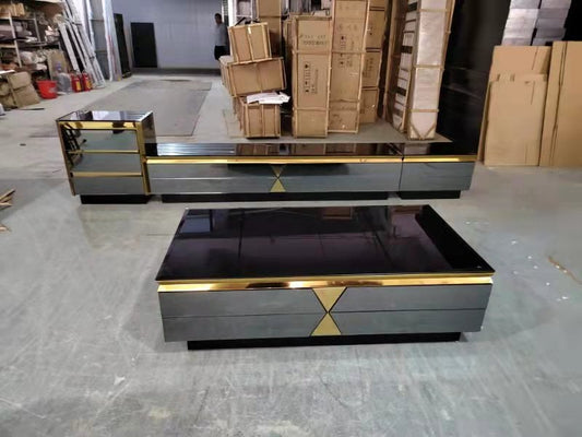 Luxury Stainless Steel Coffee Center Table with Cabinet and TV Rack Furniture Set