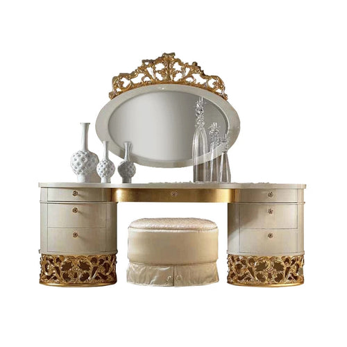 Italian Style Gold Solid Wood Dressing Table Set Hand Carved Antique Dresser Bedroom Furniture
