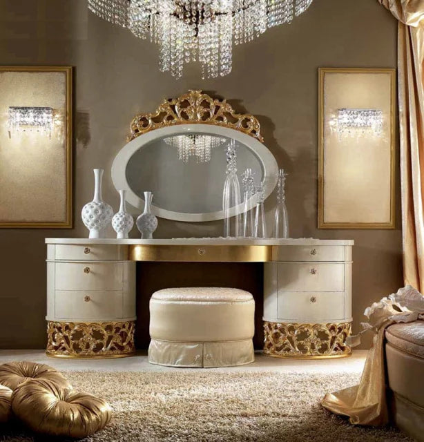 Italian Style Gold Solid Wood Dressing Table Set Hand Carved Antique Dresser Bedroom Furniture