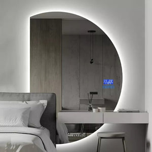 Apartment decorative moon shape wall espejo lighted bathroom mirror with defogger oversized round mirror
