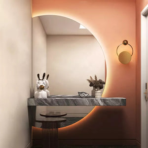 Apartment decorative moon shape wall espejo lighted bathroom mirror with defogger oversized round mirror