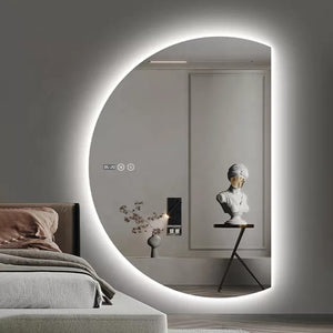 Apartment decorative moon shape wall espejo lighted bathroom mirror with defogger oversized round mirror
