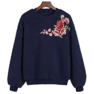 Ladies Women Pullover Authentic Crew Neck Floral Embroidered Fleece Sweatshirt Sweater Jacket