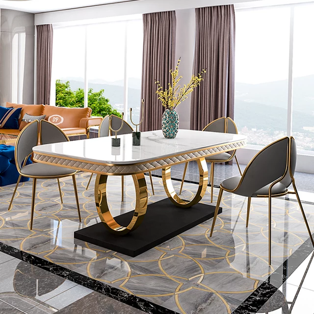 Stainless Steel Long Restaurant Dining Table Electroplated Gold Slate Marble