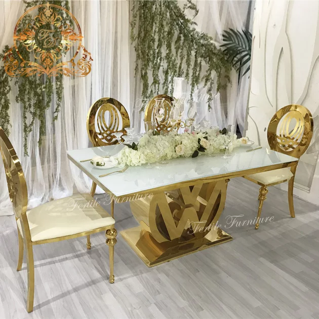 Bride and groom used glass top stainless steel rectangle tables for weddings dining