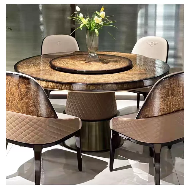 Luxury 4 Seater Leather Dining Table Round surface leg solid wood round glossy painting dining table set