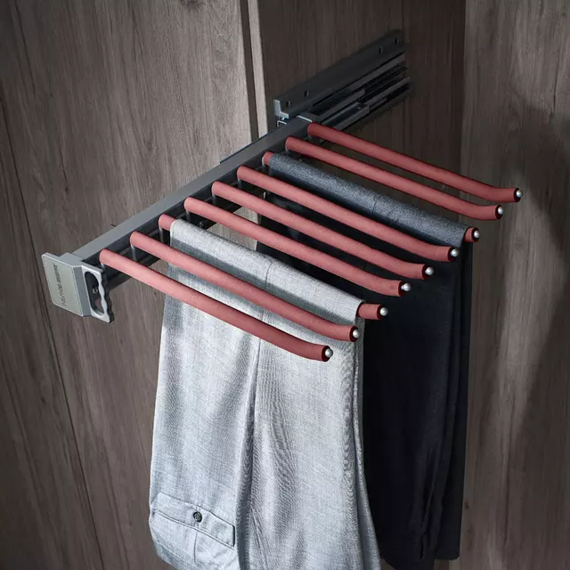 Pull Out Closet Pants Hanger Bar Steel SIDE Mounted Trousers Rack Clothes Organizers with 9 Arms for Space Saving