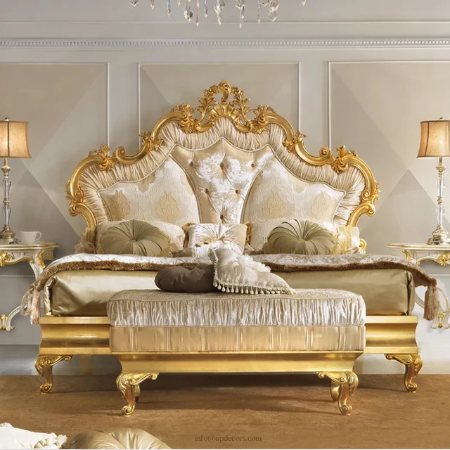 Italian Style Bed Furniture Royal Bedroom Sets Hand Carved Details Gold Set Customized Beds Frame Luxury Bed