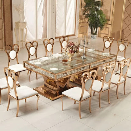 Luxury 12 seaters rose gold sweet heart base wedding table inlay crystal frame clear glass top dining table