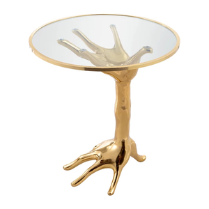 Modern Decorative Round Tempered Glass Top Brass Palm Coffee Table Brass Side Table