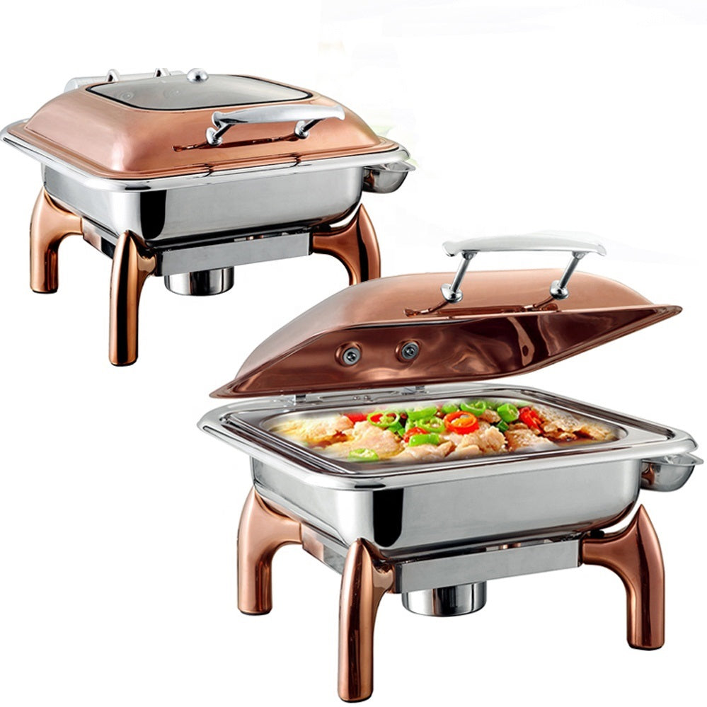 Hydraulic induction hotel hot food pot brass & copper rose gold buffet utensils chafing dish with lid