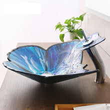 Cargar imagen en el visor de la galería, Deluxe blue art butterfly tempered glass table top wash basin for public toilet family bathroom hotel shower room sinks
