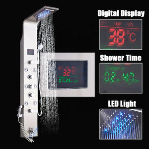 LED Bath Shower Faucet Stainless Steel Digital Display Bath Shower Panel Tower Shower Column Waterfall Rainfall Massage SPA Jet