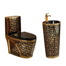 Lade das Bild in den Galerie-Viewer, Ceramic Floor Mounted  Black with Gold Toilet With Pedestal Basin Set
