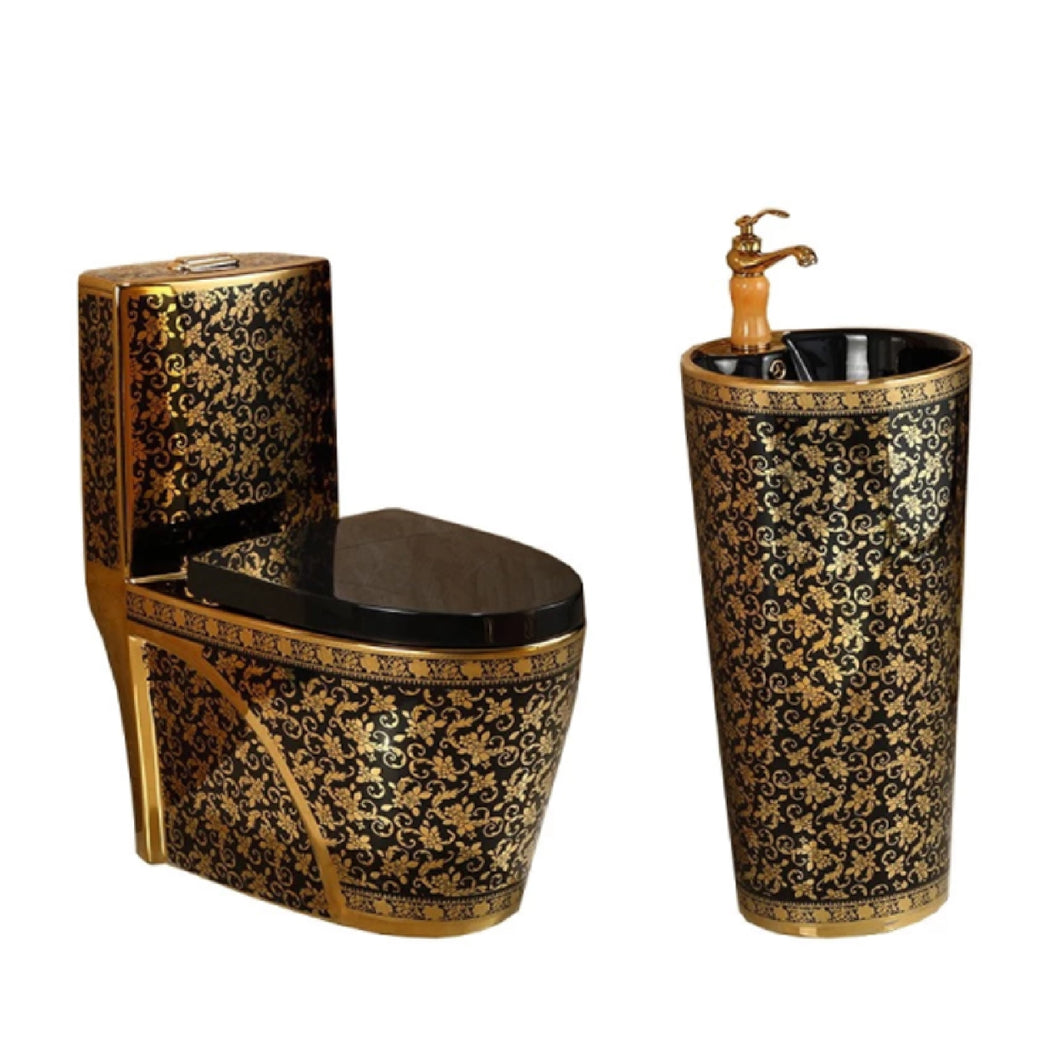 Ceramic Floor Mounted  Black with Gold Toilet With Pedestal Basin Set