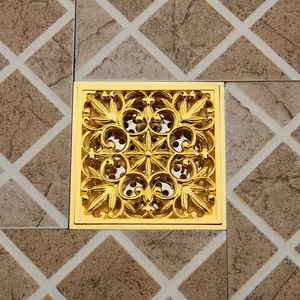 Square Gold Polished Floor Drain Shower Waste Water Flower Cover