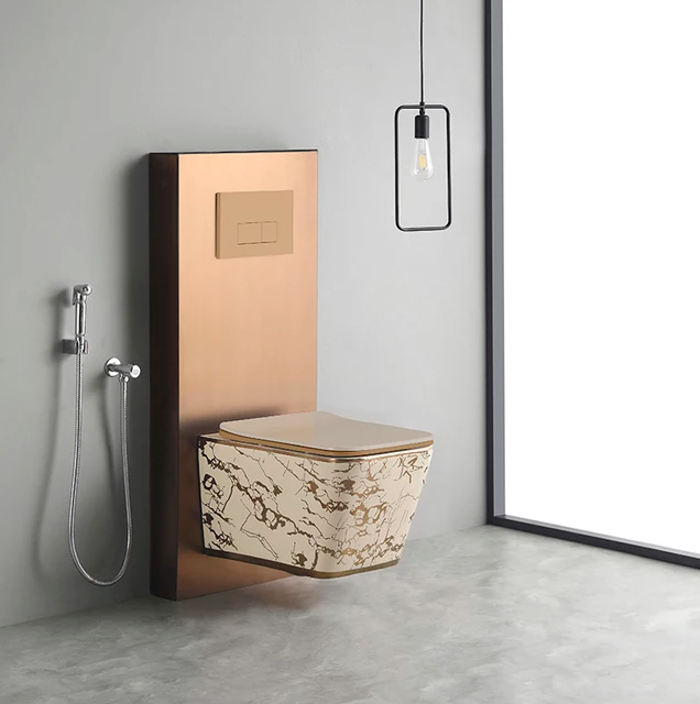 Toilet Bathroom White and Gold Porcelain Fashion Luxury Wall Hung Toilet High Quality Rimless Wall Hung