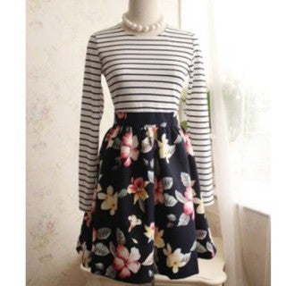 Korean Dress Neck Long Sleeves Printed Striped Splicing Dress For Women