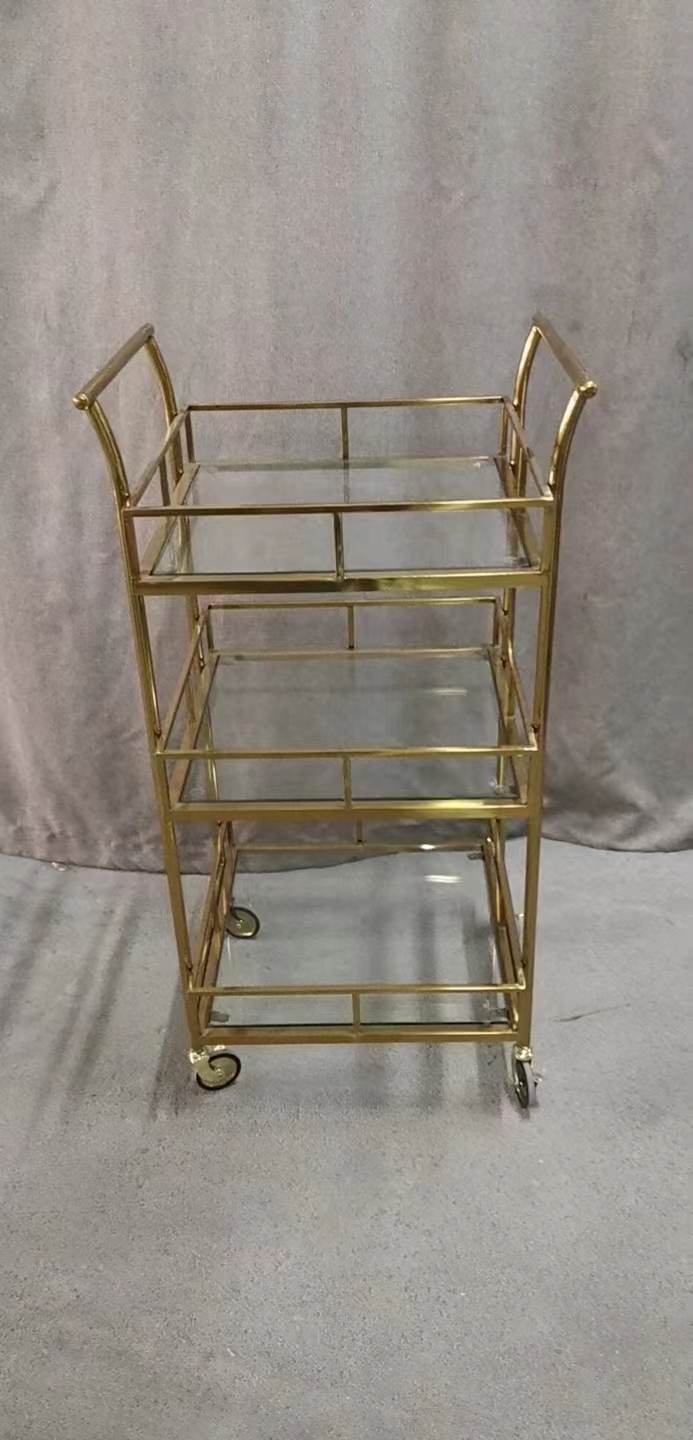 3 Tier Classic Liquor Stainless Steel Gold Tea Service Trolley Hotel Room Push Cart