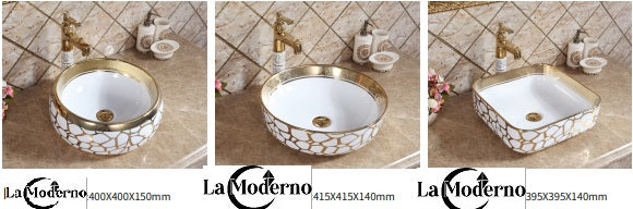 Porcelain Bathroom Accessories Wash Basin Gold White Round
