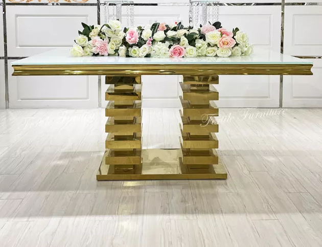 White Tempered Glass Top Metal Sweetheart Royal Design Dining Table Sets