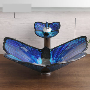 Deluxe blue art butterfly tempered glass table top wash basin for public toilet family bathroom hotel shower room sinks