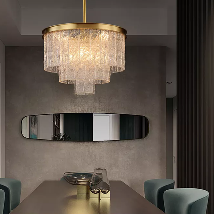 Wohnzimmer-Hängeleuchte aus Messing, Kupfer und Kunstglas für die Wohnzimmergestaltung im postmodernen Stil 