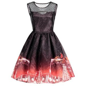 Women Authentic Dress Christmas Printed Mesh Panel Vintage Dress