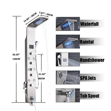 Robinet de douche LED en acier inoxydable avec affichage numérique, panneau de douche colonne de douche effet cascade et jets de massage SPA