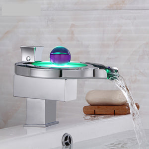 Modern 3 Color Led Faucet Hydro Power Waterfall Solid Brass Basin Faucet