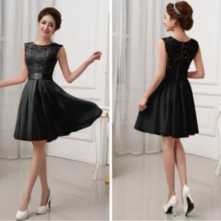 Womens Ladies Black Dress Elegant Authentic Round Collar Sleeveless Belt Design Lace Chiffon Dress