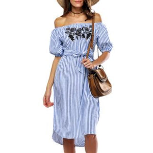 Womens Ladies Dress Trendy Off The Shoulder Stripe Floral Embroidery Women Dress