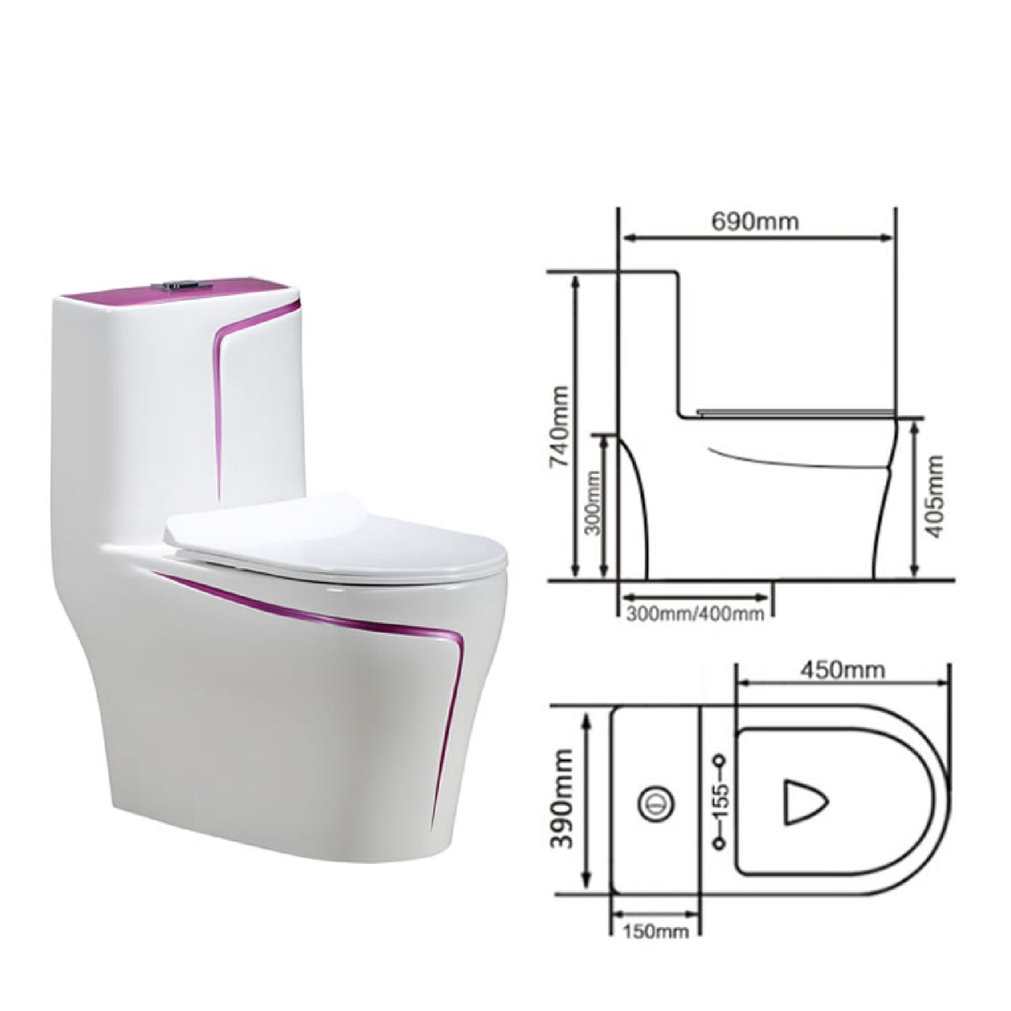 White and Pink Lining Bathroom Accessories  Mounted One Piece Toilet Bowl