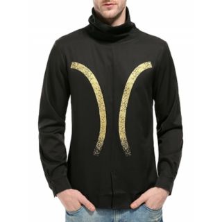 Mens longsleeve Sweater Pullover Ribbed Turtle Neck Bronzing Print Pullover Shirt