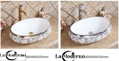 Sculpted Oval Porcelain Basin: Silver Embellishments